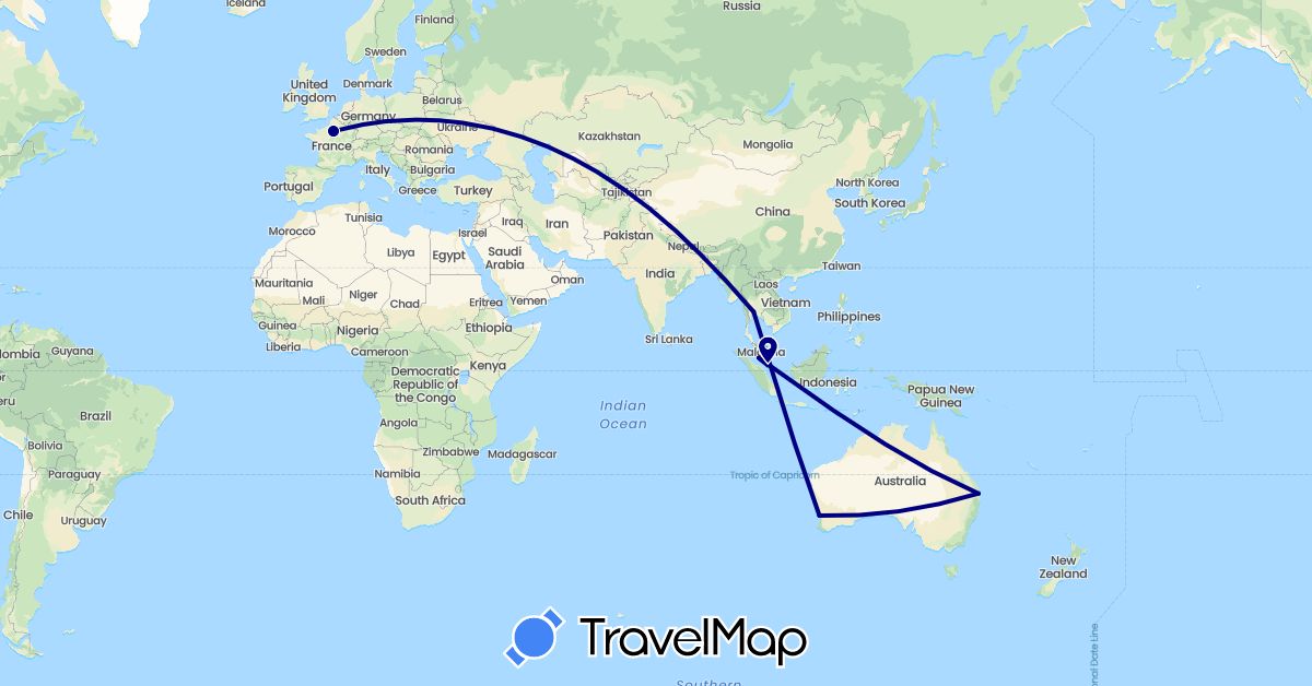 TravelMap itinerary: driving in Australia, France, Malaysia, Singapore, Thailand (Asia, Europe, Oceania)